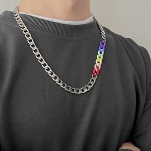 New! MEN'S LBGTQ+ Titanium Steel & Resin Rainbow Curb Link Necklace.